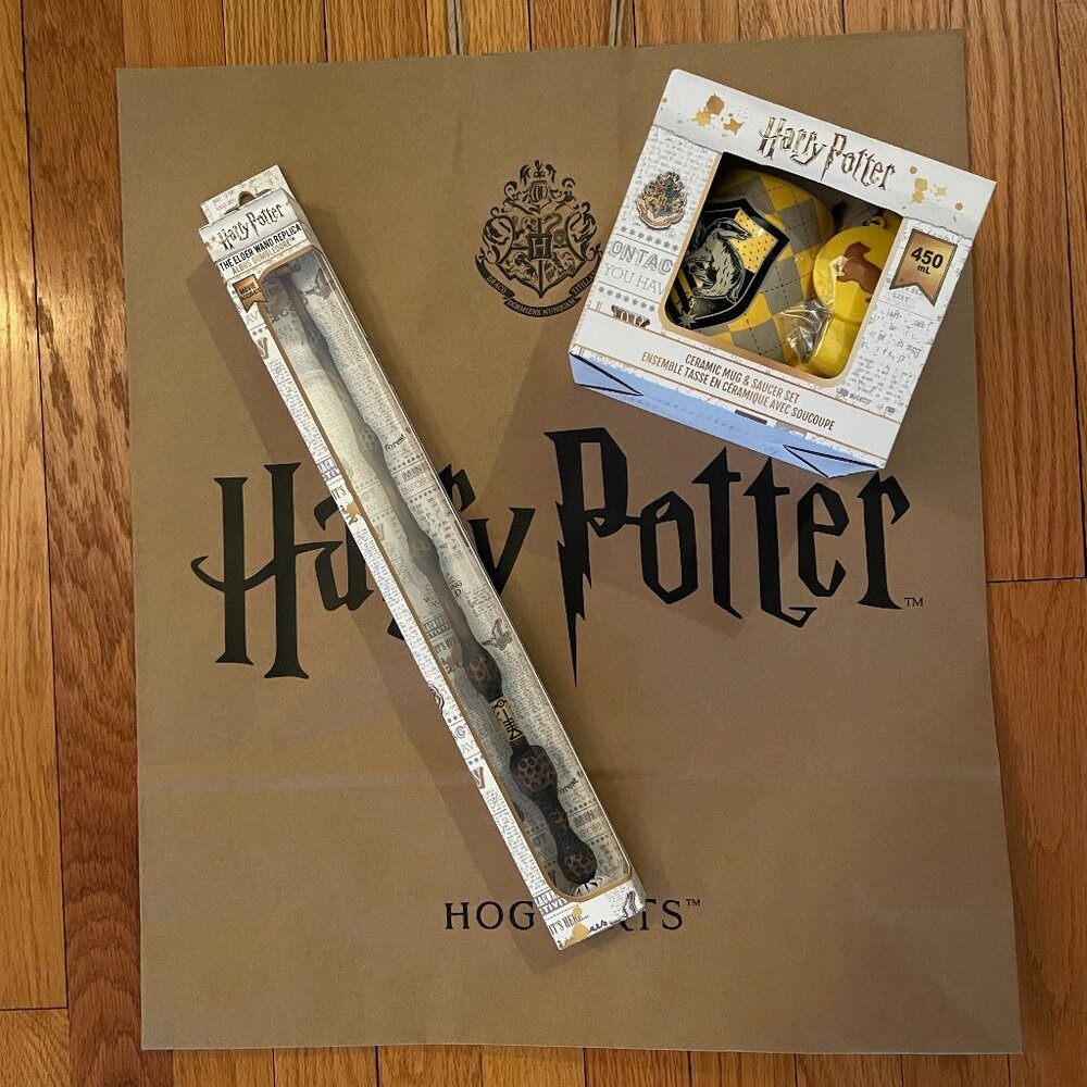 Harry Potter The Elder Wand Replica & HUFFLEPUFF Ceramic Mug Saucer Set. Miniso.